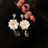 Dominated The new Vintage flower small pure and fresh and fashion contracted crystal long Women Drop earrings