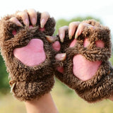 Fashion Girls Cute Cat Paw Plush Half Finger Gloves Warm Soft Plush Short Fingerless Mittens Women Lovely Bear Cat Gloves Gifts