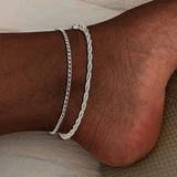 2pcs Stainless Steel Adjustable Silver Color Chain Anklets Set Unisex Daily Wear Beach Twist Metal Anklet Casual Foot Jewelry