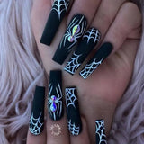 24Pcs/Lot Halloween Spider with Diamonds Fake Nails Spider Web Long Press on Nail Tips Removable Wearable Ballet False Nails Art