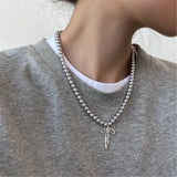 634C Fashionable Choker with Pendant Graceful Bowknot Pendant Choker Necklace with Gray Pearls Neck Jewelry Accessories