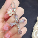 New Y2K Punk Pink Purple Zircon Cross Necklace for Women Rhinestone Pendant Clavicle Chain Charm Party Jewelry Gifts