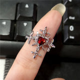 Punk Aesthetic Red Zirconia Heart Cross Open Ring Women Hip Hop Grunge Halloween Aesthetic Gothic Rave EMO Jewelry Accessories