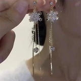 Sparkling Rhinestone Snowflake Tassel Women's Earrings Fashion Exquisite Flower Chain Stud Earrings Birthday Jewelry Xmas Gift