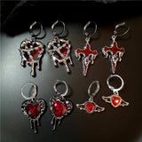 Gothic Punk Irregular Red Crystal Heart Cross Pendant Earrings For Women Men Grunge EMO Aesthetic Rave Jewelry Y2K Accessories