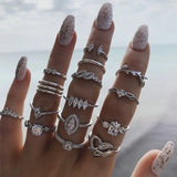 15pcs Bohemian Style Ladies Metal Joint Ring Set Leaves Fashion Crystal Water Droplets Rings