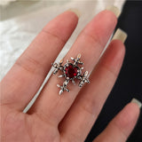 Goth Punk Vintage Red Crystal Love Heart Cross Geometry Irregular Open Ring Set Y2K Halloween Accessories For Women Kpop Jewelry