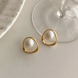 Imitation Pearl Earring for Women Gold Color Round Stud Earrings Korean Delicate Irregular Design Unusual Fashion Jewelry