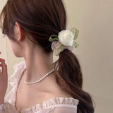 Sweet Rose Flower Hair Scrunchies Women Mesh Large Hair Rope Girl Fairy Hair Tie Simple Ins Headdress Female Ponytail Holder