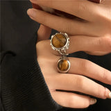 Natural Tiger's Eye Stone Ring For Women Fashion Retro High Sense Metal Overlapping Ring Jewelry Accessories