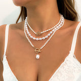 Vintage Imitation-Pearl Heart OT Buckle Pendant Necklace Women Wedding Bridal Bead Chain Neck Accessories Jewelry New