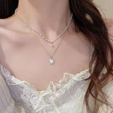 New Fashion Trend Light Luxury Elegant Delicate Pearl Double Layer Heart Necklace Ladies High Jewelry Party Gifts Wholesale