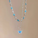 Romantic Blue Crystal Butterfly Necklace for Women Girls Simple Shiny Zircon Bilayer Choker Clavicle Chain New Fine Jewelry