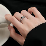 Sliver-plated Black Zircon Wheat Ears Leaf Ring for Women Girl Gift Double Layer Simple Jewelry