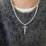 New Elegant Imitation Pearl Bow Pendant Necklace Clavicle Chain Long Tassel Earrings For Sweet Ladies Wedding Jewelry Gifts