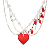 Luxury Multi layered Red Crystal Peach Heart Pendant Necklace for Women Elegant Imitation Pearl Link Chain Jewelry