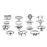 15pcs Bohemian Style Ladies Metal Joint Ring Set Leaves Fashion Crystal Water Droplets Rings