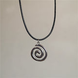 Vintage Goth 90s Silver Color Spiral Vortex Pendant Leather Rope Chain Necklace For Women Men Y2K Aesthetic Jewelry Accessories