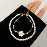 Vintage White Camellia Flower Bracelets For Women Elegant Double Layer Simulated Pearl Beads Chain Bracelet Jewelry Trend