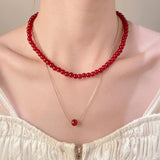 New Design Artificial Crystal Red Beaded Necklace for Women Stacked Clavicle Chain Fashion Jewelry Accessories Wholesale