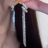 New Sparkling Zircon Bow Earrings Long Fringe Jewelry Women Fashion Wedding High Jewelry Party Gifts