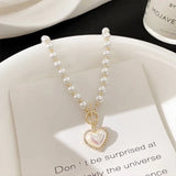 New Korean Elegant Pearl Beads Necklace For Women Ladies Fashion Rhinestone Shell Heart Pendent Necklace Choker Jewelry