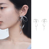 Korean Design Fashion Simple Silver Color Metal Line Bow Earrings Elegant Big Long Bowknot Drop Earrings Female