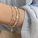 Minar Summer Colorful Crystal Irregular Pearl Beaded Bracelet for Women Silver Color Beads Coin Elastic Charm Bracelets