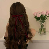 Vintage Red Velvet Bow Hair Clip For Women Girls Korean Long Tassel Ribbon Hairpins Barrettes Headwear Hair Accessories