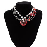 Luxury Multi layered Red Crystal Peach Heart Pendant Necklace for Women Elegant Imitation Pearl Link Chain Jewelry