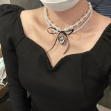 Korean INS Sweet Cool Style Ribbon Bow Heart Double Layer Pearl Necklace for Female Minority Design Sense Collar Chain