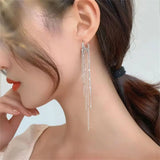 Simple Fashion Long Metal Shiny Tassel Drop Earrings Korean Temperament Golden Silver Color Elegant Women Earrings Jewelry Sets