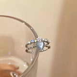 Kpop Blue Opal Heart Rings for Women Fashion Punk Gothic Open Flower Rhinestone Finger Rings Wedding Party Trendy Girls Jewelry