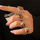 Natural Tiger's Eye Stone Ring For Women Fashion Retro High Sense Metal Overlapping Ring Jewelry Accessories