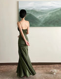 18069#Elegant Emerald Green Irregular Patchwork Evening Party Dress High Waist Spaghetti Strap Pleated Hem Prom Gown For Women