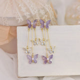 925 Silver Needle Purple Butterfly Long Tassel Earrings For Women Jewelry Trending Korean Fashion Luxury Crystal Earrings