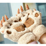 Fashion Girls Cute Cat Paw Plush Half Finger Gloves Warm Soft Plush Short Fingerless Mittens Women Lovely Bear Cat Gloves Gifts