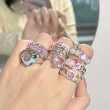 Korean Colorful Stone Rings for Women Girls Trendy Metal Chain Geometric Square Round Rings y2k Jewelry Gifts