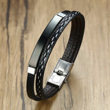 Trendy Men Leatherwear Weave Bracelet Leisure Color Contrast Stainless Steel Bangle