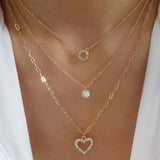 Vintage Fashion Geometric Chain Crystal Heart Circular Pendant Necklace For Women Female Boho Multilevel Gold-plate Jewelry Gift