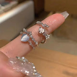 Kpop Blue Opal Heart Rings for Women Fashion Punk Gothic Open Flower Rhinestone Finger Rings Wedding Party Trendy Girls Jewelry