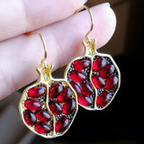 Boho Vintage Gold Color Fruit Pomegranate Drop Earrings For Women Natural Red Garnet Hook Earrings Wedding Band Jewelry Gifts