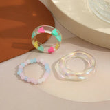 Korean Fashion Transparent Heart Bead Resin Rings Set For Women Fresh Colorful Simple Design Stretch Rope Ring Jewelry Gifts