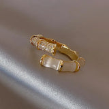 New Design Opals Zircon Bamboo Shape Gold Color Luxury Open Rings for Women Girls Korean Fashion Jewelry Accessory