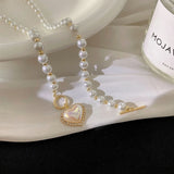 New Korean Elegant Pearl Beads Necklace For Women Ladies Fashion Rhinestone Shell Heart Pendent Necklace Choker Jewelry