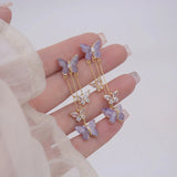 925 Silver Needle Purple Butterfly Long Tassel Earrings For Women Jewelry Trending Korean Fashion Luxury Crystal Earrings