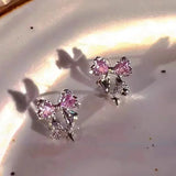 Korean Bowknot Zircon Stud Earrings for Women Trendy Cute Pink Crystal Earrings Personality Y2k Earring Girl Party Jewelry Gifts