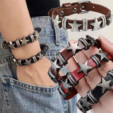 Vintage Star Wrap Leather Bracelet Men Punk Rock Pentagram Spikes Rivet Gothic Wide Cuff Bangle Women Y2K Jewelry Accessories