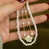 Vintage White Camellia Flower Bracelets For Women Elegant Double Layer Simulated Pearl Beads Chain Bracelet Jewelry Trend