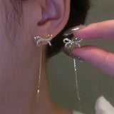 New Sparkling Zircon Bow Earrings Long Fringe Jewelry Women Fashion Wedding High Jewelry Party Gifts